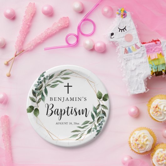 Aquarellpflanze Gold Taufen Papierplatte Pappteller (Party)