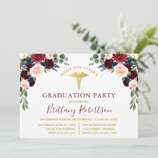 Aquarellpflanze Medical Grad Party Einladung (Stehend Vorderseite)