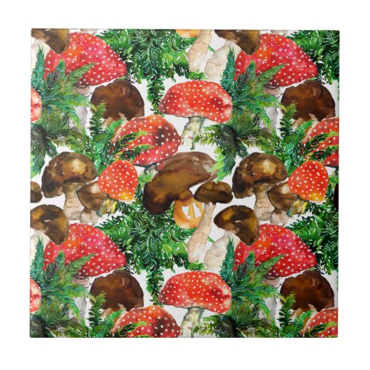 Aquarellpilze und grünes Farnmuster Fliese (Vorderseite)