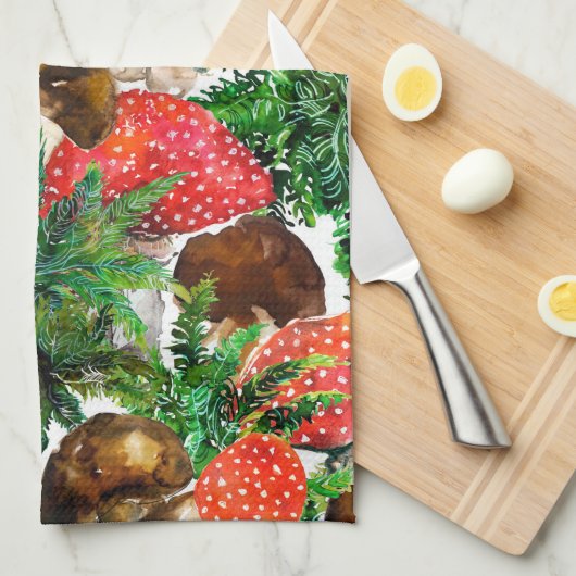 Aquarellpilze und grünes Farnmuster Handtuch (Viertel Falte)