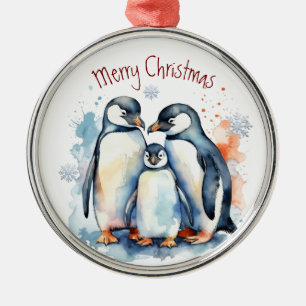 Aquarellpinguin Familie Winter Tierart Ornament Aus Metall