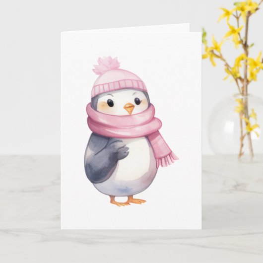 Aquarellpinguin Pink Scara Karte (Gelbe Blume)