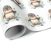 Aquarellpinguin Skifahren auf Schnee Geschenkpapier (Rolleneckpunkt)