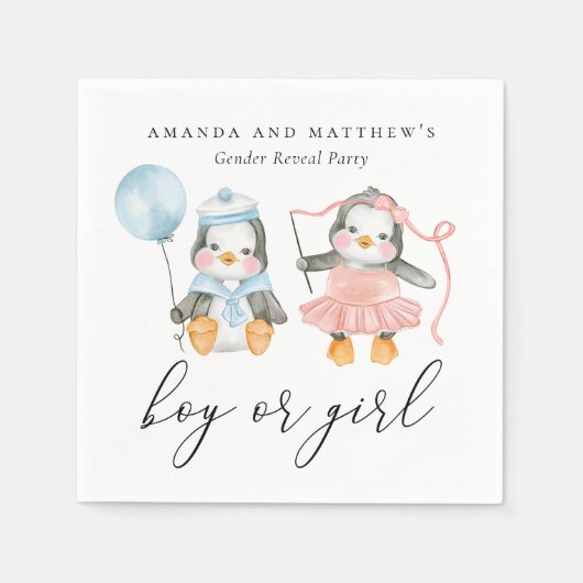 Aquarellpinguine. Mädchen oder Junge. Geschlechtsa Serviette (Vorderseite)