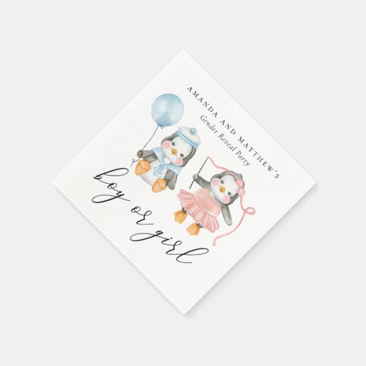 Aquarellpinguine. Mädchen oder Junge. Geschlechtsa Serviette (Ecke)