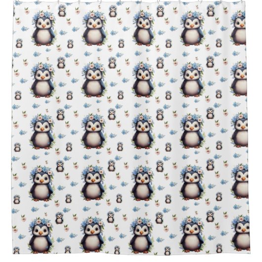 Aquarellpinguine Muster auf Weiß Duschvorhang (Vorderseite)