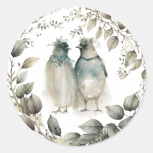 Aquarellpinguine und Grünpflanzen Runder Aufkleber
