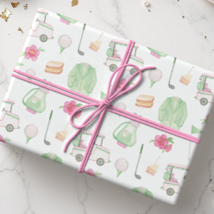 Aquarellpink & Green Golf Cart Turnier Geschenkpapier