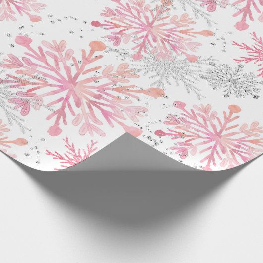 Aquarellpink & Silver Glitzer Winterschneeflocken Geschenkpapier (Ecke)