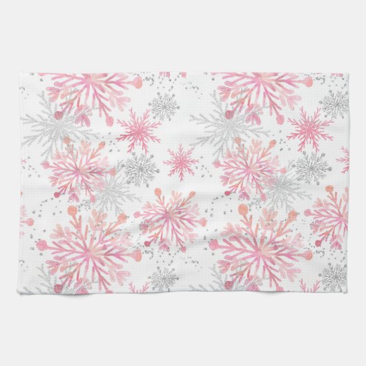 Aquarellpink & Silver Glitzer Winterschneeflocken Geschirrtuch (Horizontal)