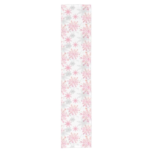Aquarellpink & Silver Glitzer Winterschneeflocken Kurzer Tischläufer (Vorderseite)