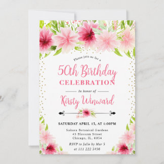 Aquarellpink Sommer Blume 50. Geburtstag Einladung