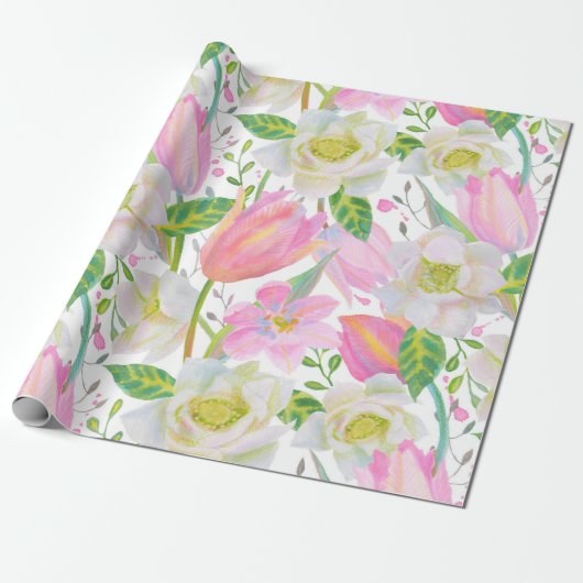 Aquarellpink Tulip Blumenmuster Geschenk Geschenkpapier (Ungerollt)