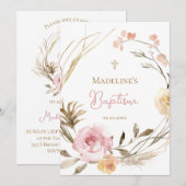 Aquarellpinke, beige Blume Taufe Einladung (Vorne/Hinten)