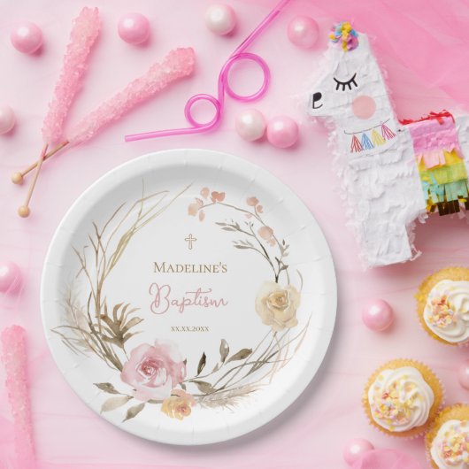 Aquarellpinke, beige Blume Taufe Pappteller (Party)