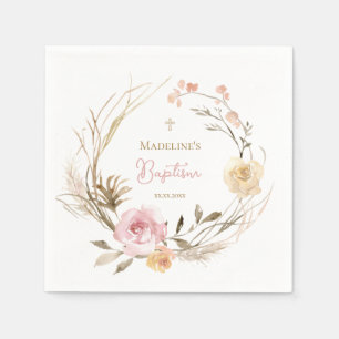 Aquarellpinke, beige Blume Taufe Serviette