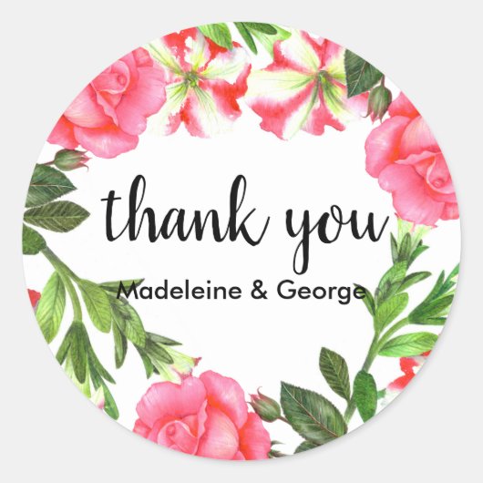 Aquarellpinke Blume Circle Wreath Monogramm Runder Aufkleber (Vorderseite)