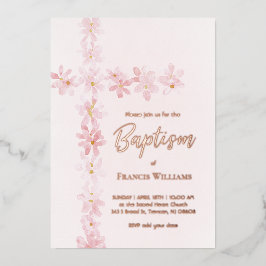 Aquarellpinke Blume kreuzen Taufe Folieneinladung