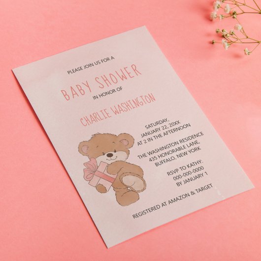 Aquarellpinke, einfache Teddy Bear Babydusche Einladung