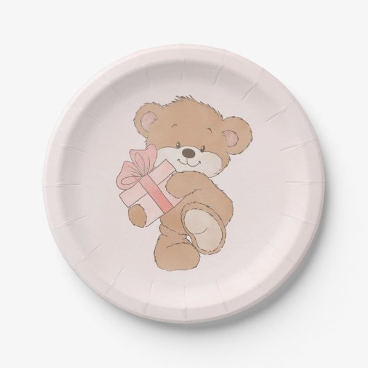 Aquarellpinke, einfache Teddy Bear Babydusche Pappteller (Vorderseite)