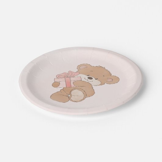 Aquarellpinke, einfache Teddy Bear Babydusche Pappteller (Schrägansicht)