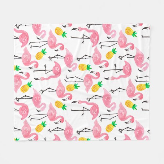 Aquarellpinke Flamingo und gelbe Ananas Fleecedecke (Vorderseite (Horizontal))