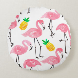 Aquarellpinke Flamingo und gelbe Ananas  Rundes Kissen
