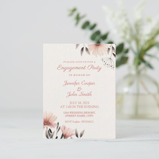 Aquarellpinke florale Engagement Party Postkarte (Stehend Vorderseite)