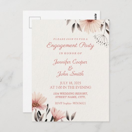 Aquarellpinke florale Engagement Party Postkarte (Vorne/Hinten)