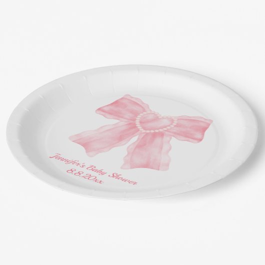 Aquarellpinke Herzbeutel Babydusche Pappteller (Schrägansicht)