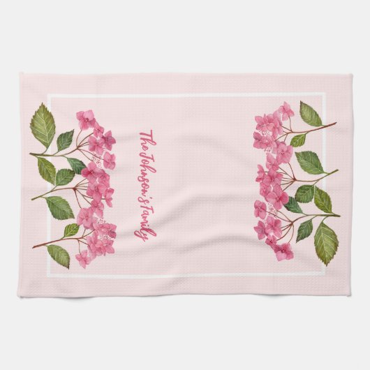 Aquarellpinke Hydrangea Lacecaps Illustration Geschirrtuch (Horizontal)