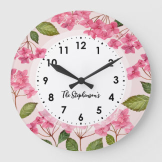 Aquarellpinke Hydrangea Lacecaps Illustration Große Wanduhr