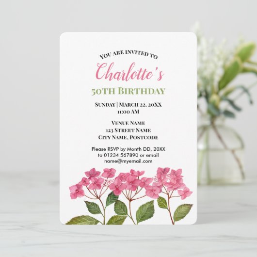 Aquarellpinke Hydrangeas Lacecaps Geburtstag Einladung (Stehend Vorderseite)
