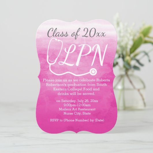 Aquarellpinke Krankenpflege LPN Krankenschwester G Einladung (Stehend Vorderseite)