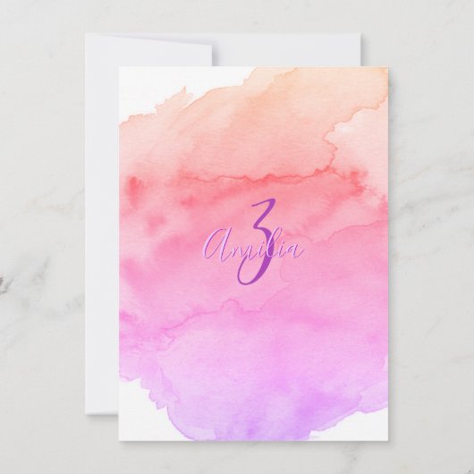 Aquarellpinke Lila Girl 3. BIRTHDAY Party Einladung (Rückseite)