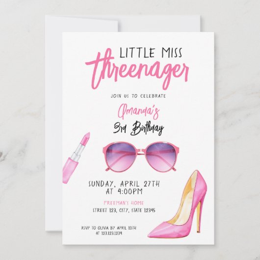 Aquarellpinke Makeup Thema 3. Geburtstag Einladung (Vorderseite)