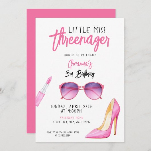 Aquarellpinke Makeup Thema 3. Geburtstag Einladung (Vorne/Hinten)