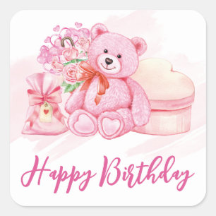Aquarellpinke Teddybären und Geschenke zum Geburts Quadratischer Aufkleber
