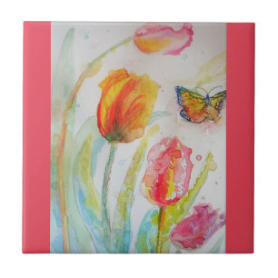 Aquarellpinke Tulip Blume Keramik Tile Fliese