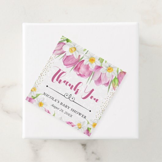 Aquarellpinke Tulpen und Doofodis Babydusche Geschenkanhänger (Beispiel)