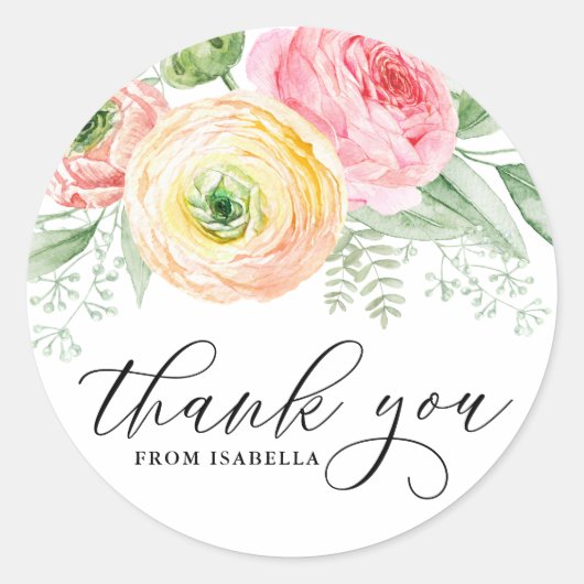 Aquarellpinke und Gelbe Ranunculus Vielen Dank Runder Aufkleber (Vorderseite)