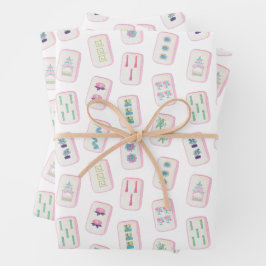 Aquarellpinke und grüne Mahjong-Fliesen Geschenkpapier Set