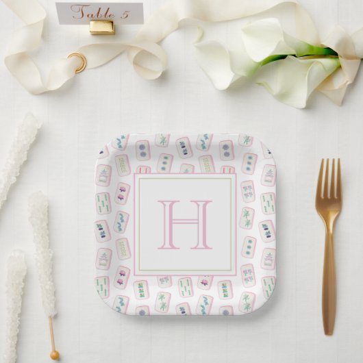 Aquarellpinke und grüne Mahjong-Tiles Monogram Pappteller (Hochzeit)