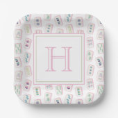 Aquarellpinke und grüne Mahjong-Tiles Monogram Pappteller (Vorderseite)