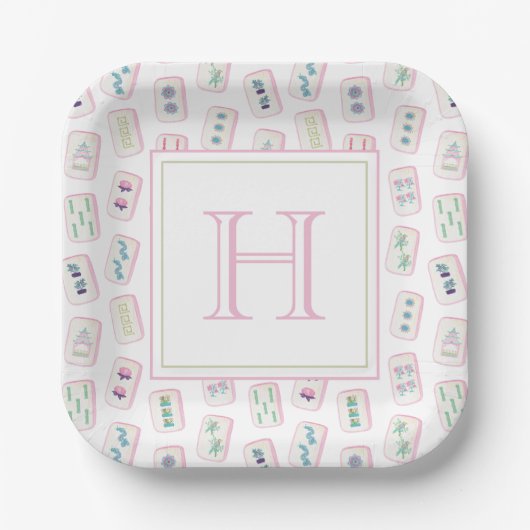 Aquarellpinke und grüne Mahjong-Tiles Monogram Pappteller (Vorderseite)