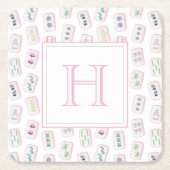 Aquarellpinke und grüne Mahjong-Tiles Monogram Rechteckiger Pappuntersetzer (Vorderseite)