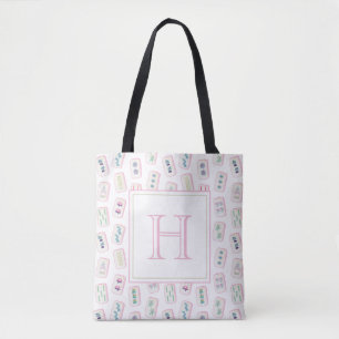 Aquarellpinke und grüne Mahjong-Tiles Monogram Tasche