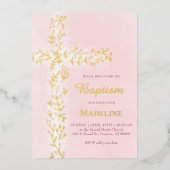 Aquarellpinke, weißes Goldkreuz Taufe Folieneinladung (Vorderseite)