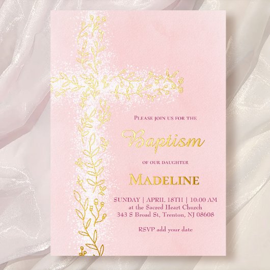 Aquarellpinke, weißes Goldkreuz Taufe Folieneinladung