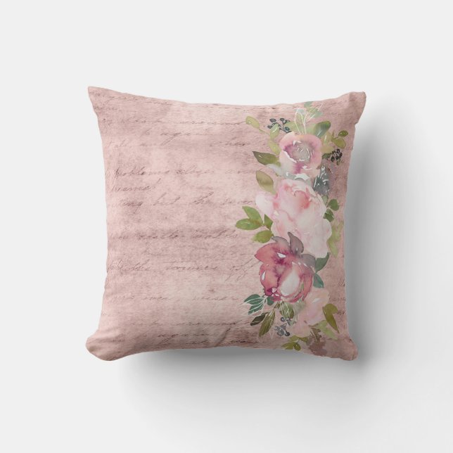 Aquarellpinken Blumenakzent auf düsteren Rose-Skri Kissen (Vorderseite)